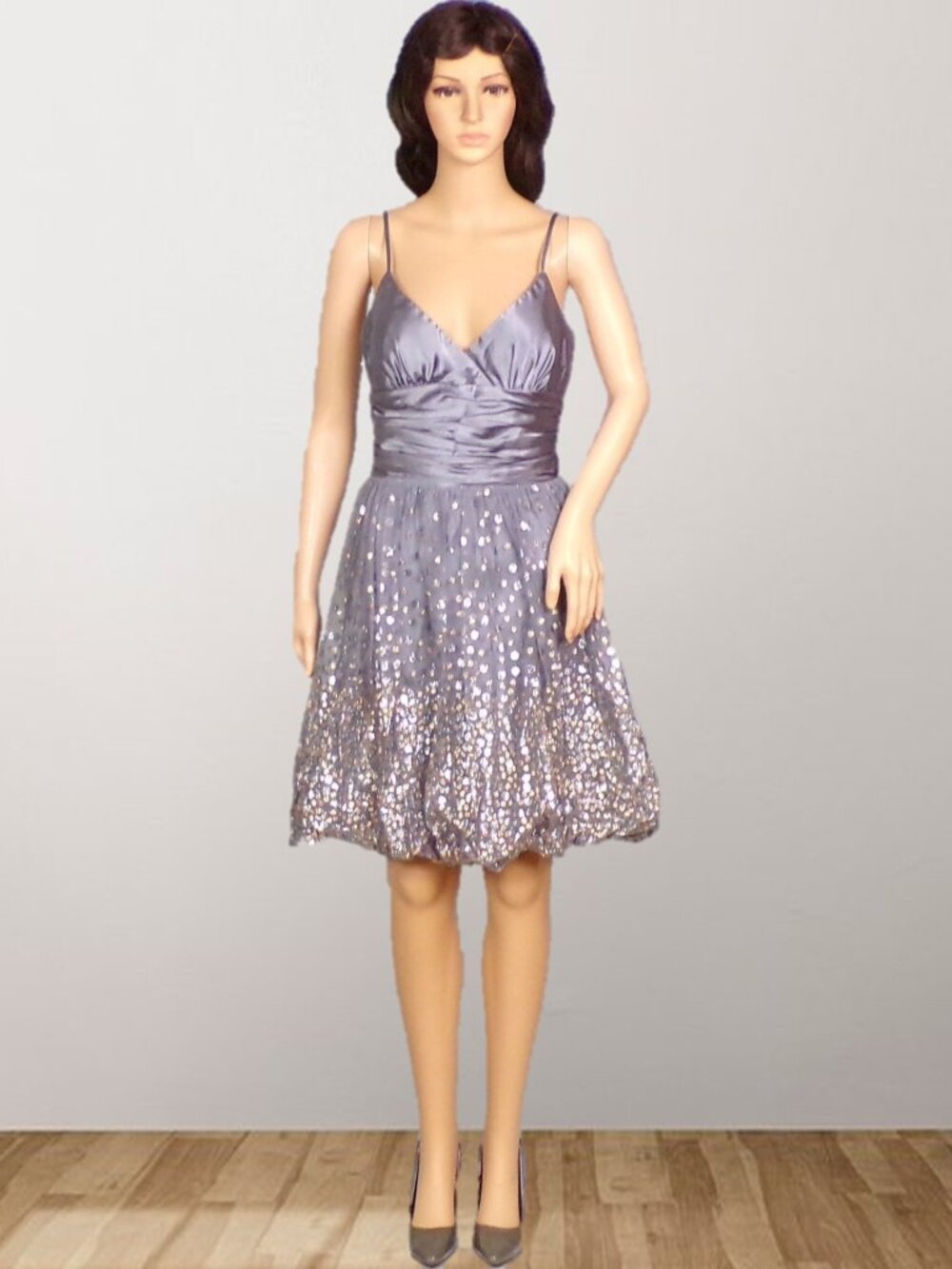 MORGAN & CO. size 7/8 silver-gray thin-strap OTS fit/flare party/cocktail dress